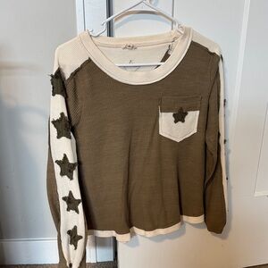 POL Olive and Cream Star Patch Long Sleeve Top